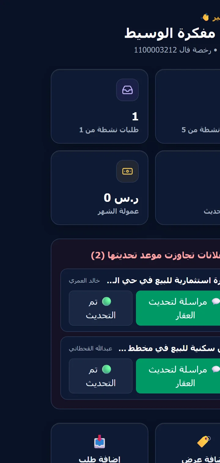 Mofakirat Al-Waseet — Real Estate Broker Workspace: Dashboard on mobile